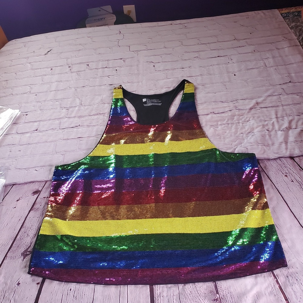 Racerback Rainbow Multicolor Sequin Tank Top Striped Pride Preppy Party Size XXL